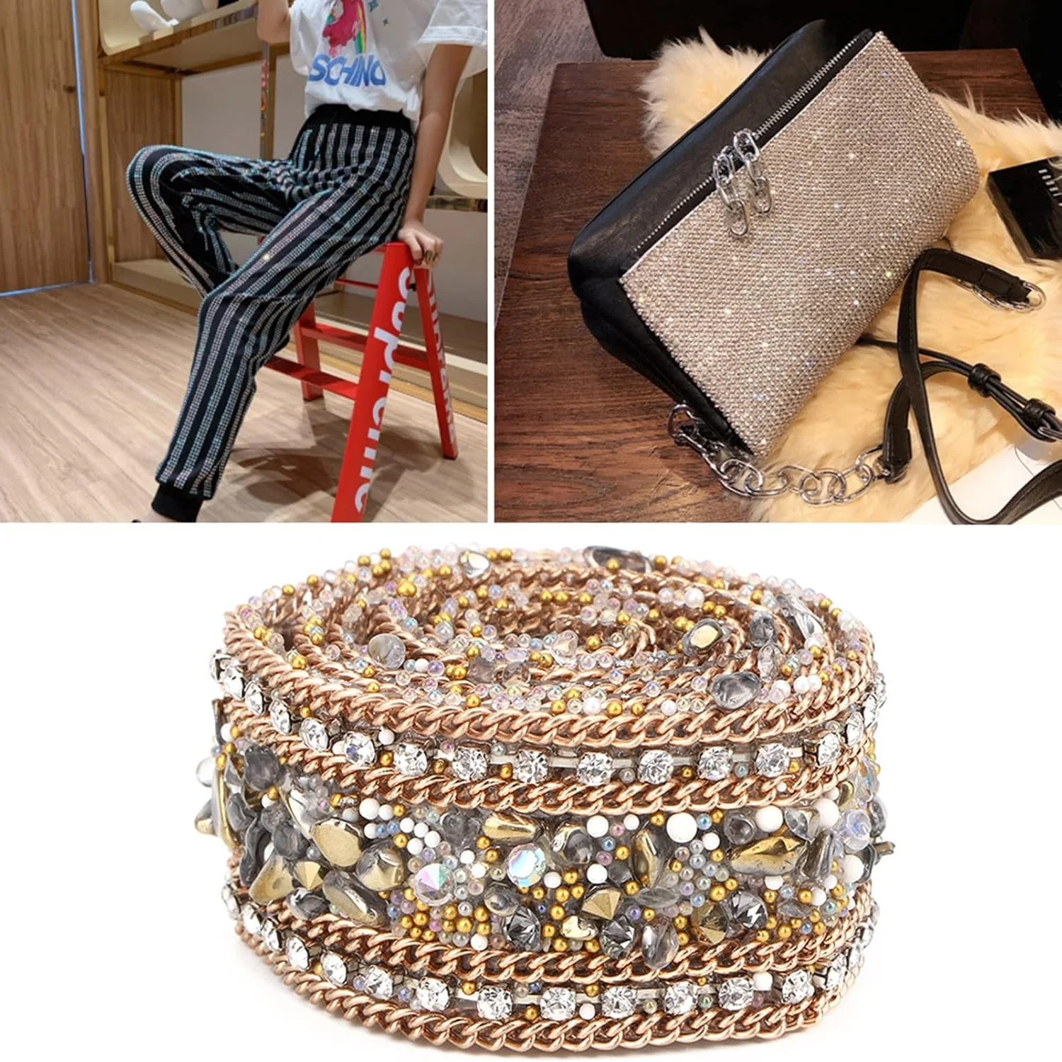 TOPINCN Rhinestones Ribbon, Crystal Chain Trim Ribbon DIY